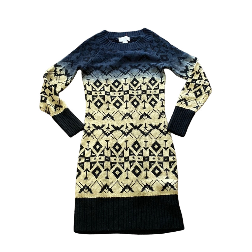 ☑️ Jessica Simpson Navy Yellow Fair Isle Knit Sweater Dress SIZE XS